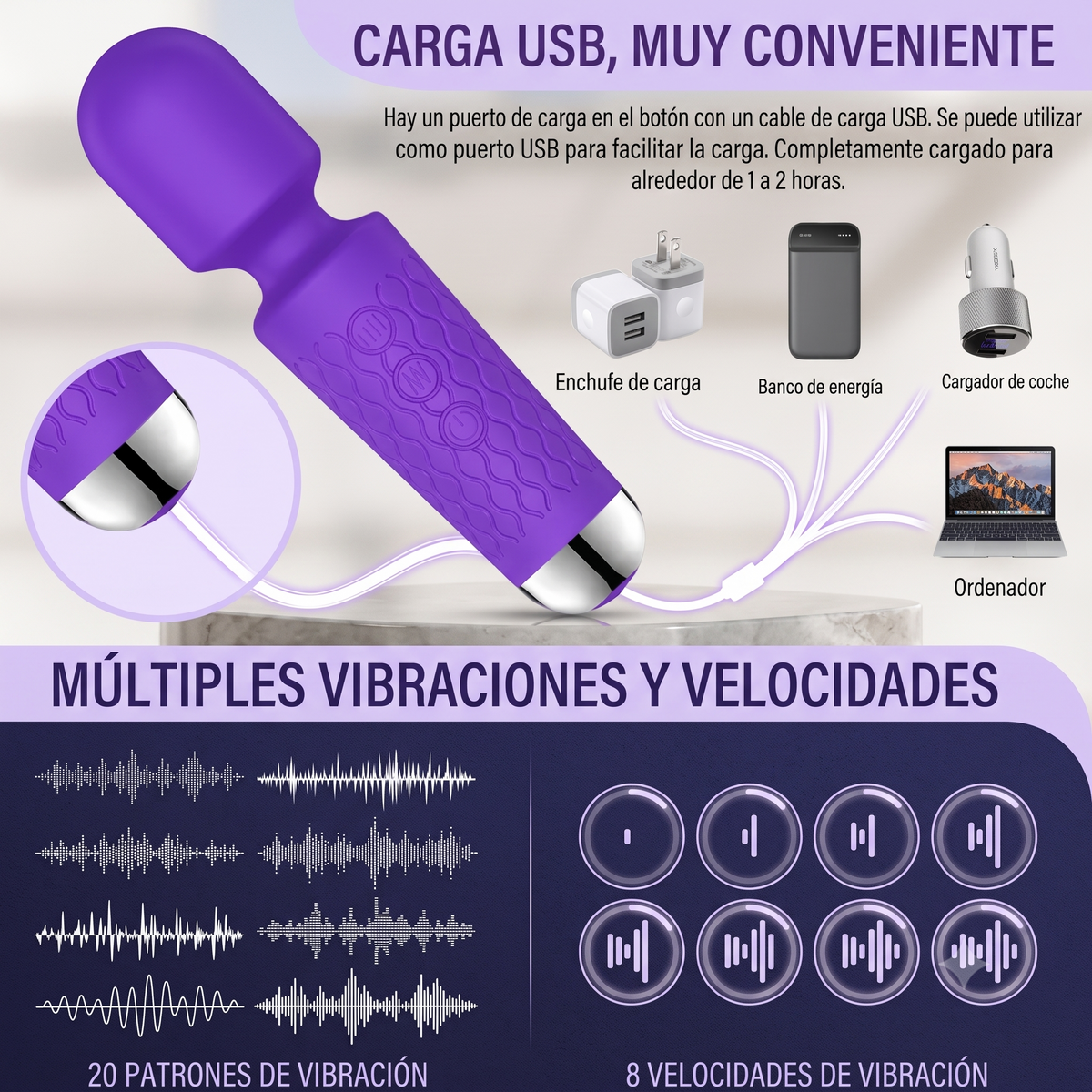 Vibrador Masajeador Tipo Varita Recargable - Estimulación Focalizada